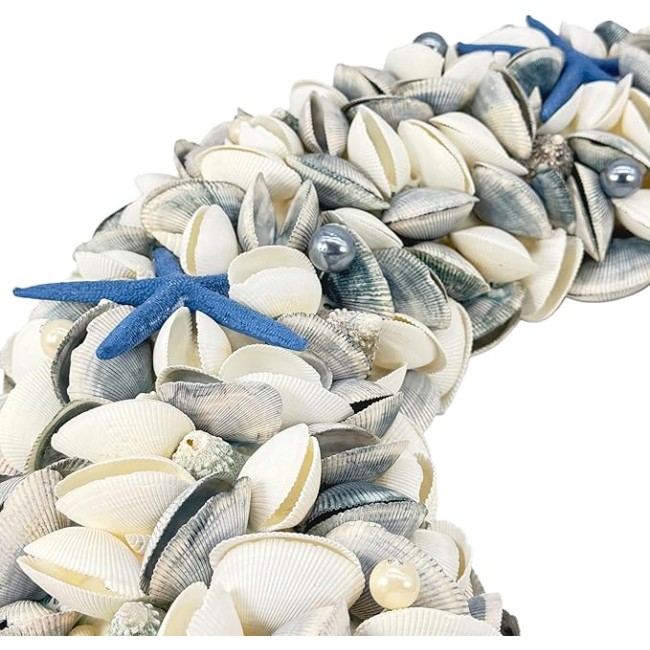 23" Nautical Seashell Wreath, Navy Blue | Coastal Beach Floral Home Decor Indoor Outdoor Real Starfish Pearl Seashells