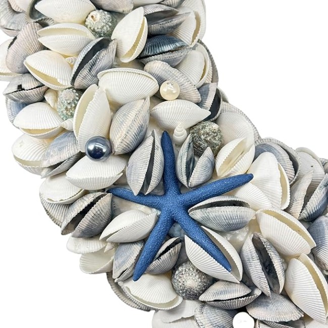 23" Nautical Seashell Wreath, Navy Blue | Coastal Beach Floral Home Decor Indoor Outdoor Real Starfish Pearl Seashells