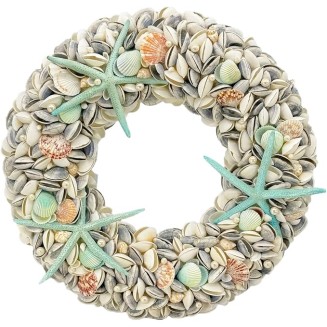 23" Nautical Seashell Wreath, Blue | Coastal Beach Floral Home Decor Indoor Outdoor Real Starfish Pearl Seashells