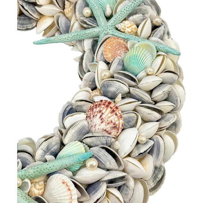 23" Nautical Seashell Wreath, Blue | Coastal Beach Floral Home Decor Indoor Outdoor Real Starfish Pearl Seashells