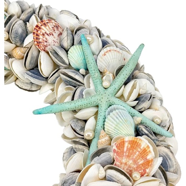23" Nautical Seashell Wreath, Blue | Coastal Beach Floral Home Decor Indoor Outdoor Real Starfish Pearl Seashells