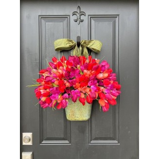 Front Door Tulips in Metal Bucket Faux Floral Arrangement for Spring