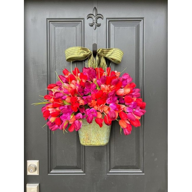 Front Door Tulips in Metal Bucket Faux Floral Arrangement for Spring