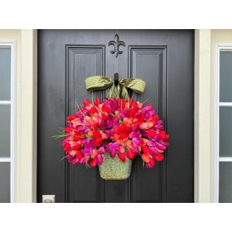 Front Door Tulips in Metal Bucket Faux Floral Arrangement for Spring