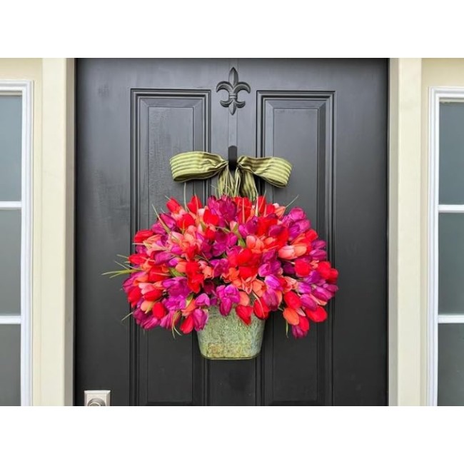 Front Door Tulips in Metal Bucket Faux Floral Arrangement for Spring
