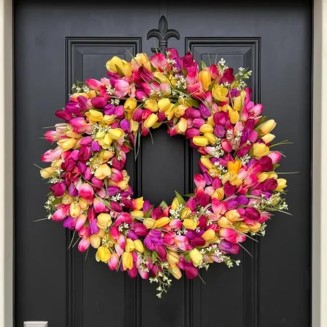 24" Colorful Spring Tulip Flowers Wreath, Wall Hanging Artificial Flowers Decor, Decorative Wreath, 24 "W x 24 "H x 6 "D, Hanging Decorations for Home Porch (18" Diameter)