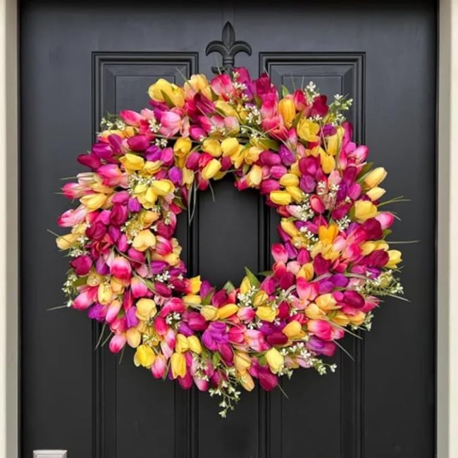 24" Colorful Spring Tulip Flowers Wreath, Wall Hanging Artificial Flowers Decor, Decorative Wreath, 24 "W x 24 "H x 6 "D, Hanging Decorations for Home Porch (18" Diameter)