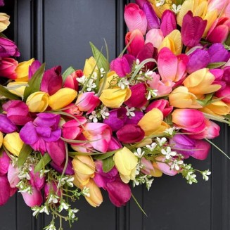 24" Colorful Spring Tulip Flowers Wreath, Wall Hanging Artificial Flowers Decor, Decorative Wreath, 24 "W x 24 "H x 6 "D, Hanging Decorations for Home Porch (16" Diameter)