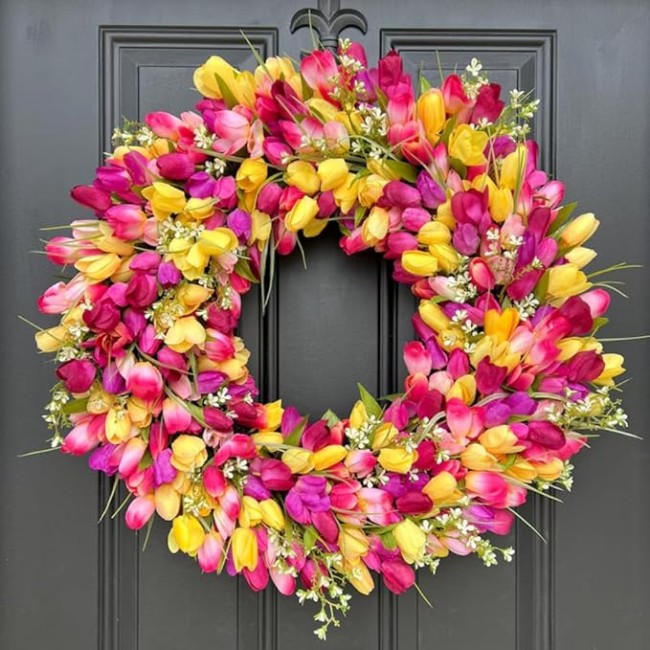 24" Colorful Spring Tulip Flowers Wreath, Wall Hanging Artificial Flowers Decor, Decorative Wreath, 24 "W x 24 "H x 6 "D, Hanging Decorations for Home Porch (16" Diameter)