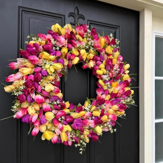 24" Colorful Spring Tulip Flowers Wreath, Wall Hanging Artificial Flowers Decor, Decorative Wreath, 24 "W x 24 "H x 6 "D, Hanging Decorations for Home Porch (16" Diameter)