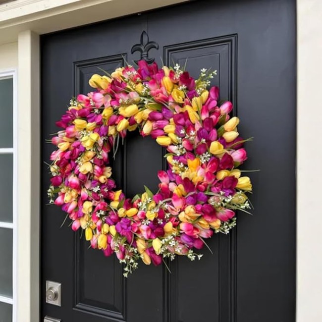 24" Colorful Spring Tulip Flowers Wreath, Wall Hanging Artificial Flowers Decor, Decorative Wreath, 24 "W x 24 "H x 6 "D, Hanging Decorations for Home Porch (16" Diameter)