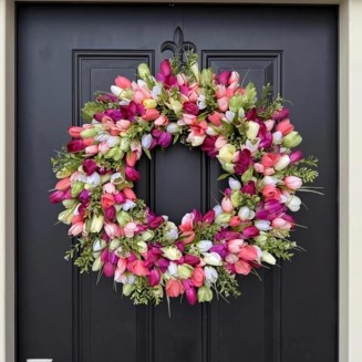 24" Artificial Spring Tulip Wreath for Front Door, Floral Hoop Wreath Decor with Pink Flowers Green Leaves, 24 "W x 24 "H x 6 "D, Hanging Decorations for Livingroom (16" Diameter)