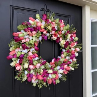 24" Artificial Spring Tulip Wreath for Front Door, Floral Hoop Wreath Decor with Pink Flowers Green Leaves, 24 "W x 24 "H x 6 "D, Hanging Decorations for Livingroom (16" Diameter)