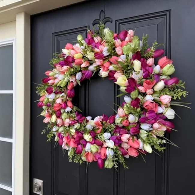 24" Artificial Spring Tulip Wreath for Front Door, Floral Hoop Wreath Decor with Pink Flowers Green Leaves, 24 "W x 24 "H x 6 "D, Hanging Decorations for Livingroom (16" Diameter)
