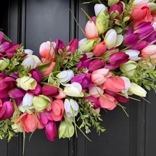 24" Artificial Spring Tulip Wreath for Front Door, Floral Hoop Wreath Decor with Pink Flowers Green Leaves, 24 "W x 24 "H x 6 "D, Hanging Decorations for Livingroom (16" Diameter)