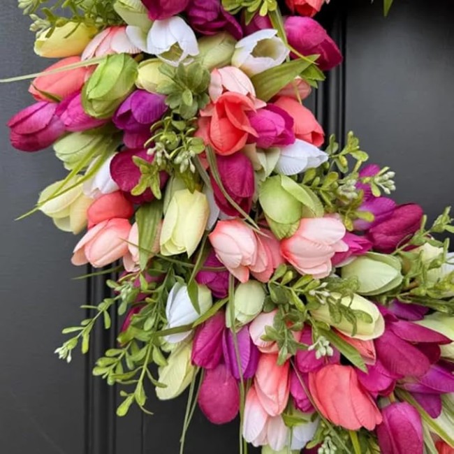24" Artificial Spring Tulip Wreath for Front Door, Floral Hoop Wreath Decor with Pink Flowers Green Leaves, 24 "W x 24 "H x 6 "D, Hanging Decorations for Livingroom (16" Diameter)