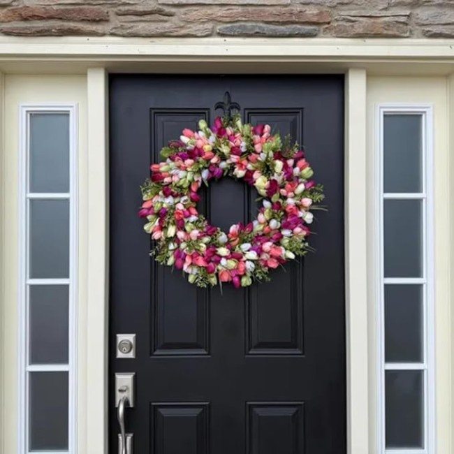 24" Artificial Spring Tulip Wreath for Front Door, Floral Hoop Wreath Decor with Pink Flowers Green Leaves, 24 "W x 24 "H x 6 "D, Hanging Decorations for Livingroom (16" Diameter)