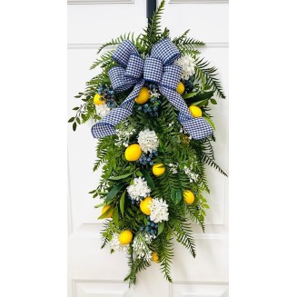 Yellow Lemon Blueberry and Spring Fern Swag, Blue and White Summer Wreath for Mantel, Staircase, Home, Wall, Window, Front Door, Fireplace