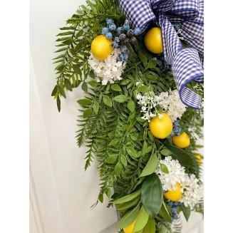 Yellow Lemon Blueberry and Spring Fern Swag, Blue and White Summer Wreath for Mantel, Staircase, Home, Wall, Window, Front Door, Fireplace