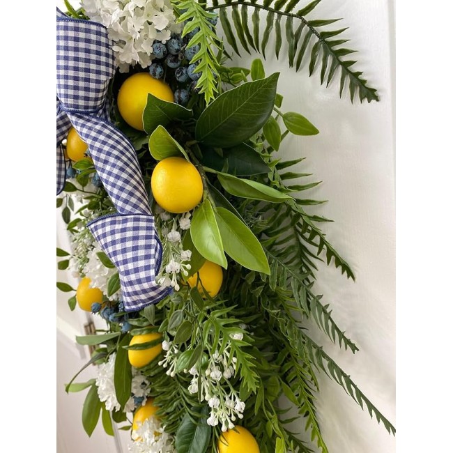 Yellow Lemon Blueberry and Spring Fern Swag, Blue and White Summer Wreath for Mantel, Staircase, Home, Wall, Window, Front Door, Fireplace