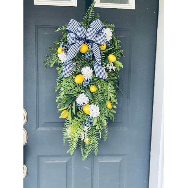 Yellow Lemon Blueberry and Spring Fern Swag, Blue and White Summer Wreath for Mantel, Staircase, Home, Wall, Window, Front Door, Fireplace