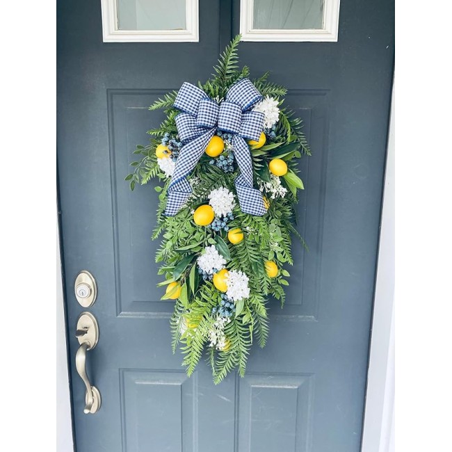 Yellow Lemon Blueberry and Spring Fern Swag, Blue and White Summer Wreath for Mantel, Staircase, Home, Wall, Window, Front Door, Fireplace
