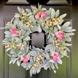 Elegant Spring Pink Tulips Wreath, Beautiful Farmhouse Wreath for Parties, Front Door, Birthday, Wedding, Staircase, Home, Wall, Window, Gift(20 inches)