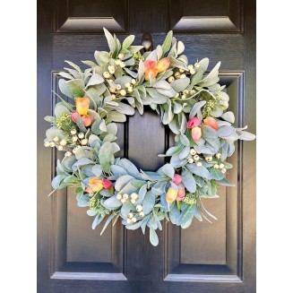Elegant Spring Pink Tulips Wreath, Beautiful Farmhouse Wreath for Parties, Front Door, Birthday, Wedding, Staircase, Home, Wall, Window, Gift(20 inches)