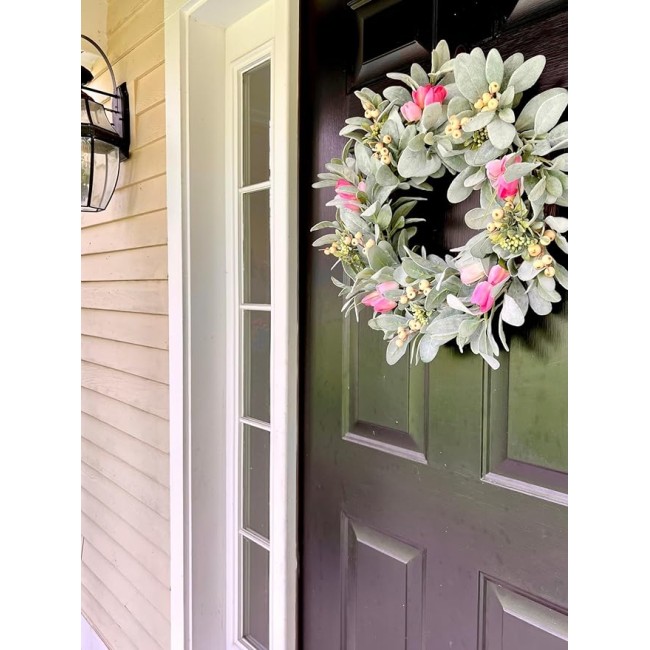 Elegant Spring Pink Tulips Wreath, Beautiful Farmhouse Wreath for Parties, Front Door, Birthday, Wedding, Staircase, Home, Wall, Window, Gift(20 inches)