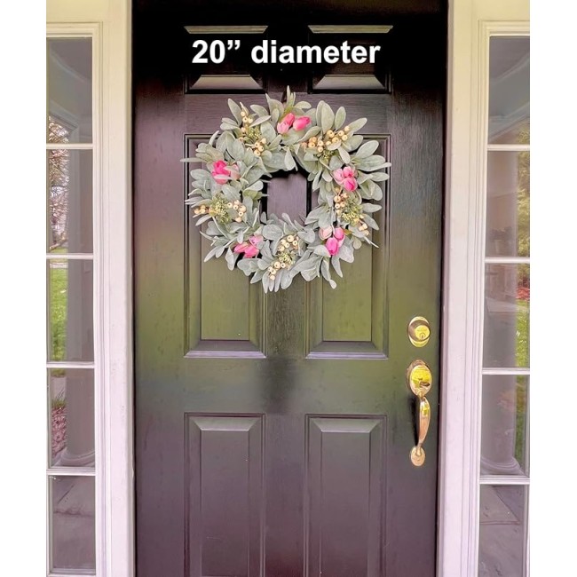Elegant Spring Pink Tulips Wreath, Beautiful Farmhouse Wreath for Parties, Front Door, Birthday, Wedding, Staircase, Home, Wall, Window, Gift(20 inches)