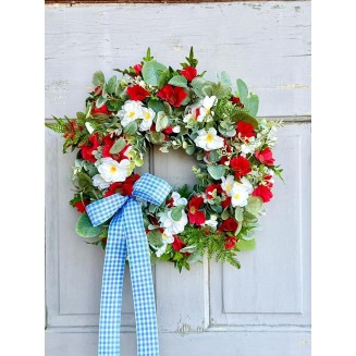 Summer Farmhouse Wreath, Red, White Blue Flower Wreath for Wedding, Bridal Shower Decor, Christmas, Staircase, Home, Wall, Window, Front Door, Fireplace(Solid Blue,16 inches)