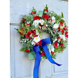 Summer Farmhouse Wreath, Red, White Blue Flower Wreath for Wedding, Bridal Shower Decor, Christmas, Staircase, Home, Wall, Window, Front Door, Fireplace(Solid Blue,16 inches)