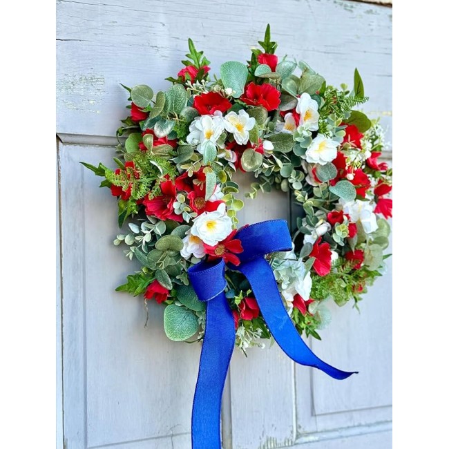 Summer Farmhouse Wreath, Red, White Blue Flower Wreath for Wedding, Bridal Shower Decor, Christmas, Staircase, Home, Wall, Window, Front Door, Fireplace(Solid Blue,16 inches)