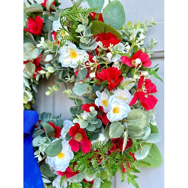 Summer Farmhouse Wreath, Red, White Blue Flower Wreath for Wedding, Bridal Shower Decor, Christmas, Staircase, Home, Wall, Window, Front Door, Fireplace(Solid Blue,16 inches)