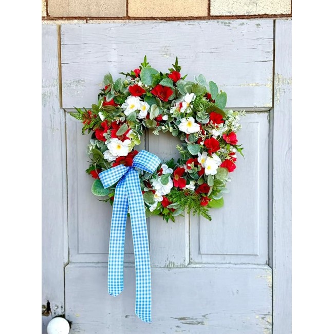 Summer Farmhouse Wreath, Red, White Blue Flower Wreath for Wedding, Bridal Shower Decor, Christmas, Staircase, Home, Wall, Window, Front Door, Fireplace(Solid Blue,16 inches)
