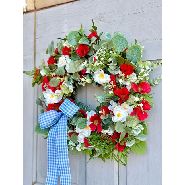 Summer Farmhouse Wreath, Red, White Blue Flower Wreath for Wedding, Bridal Shower Decor, Christmas, Staircase, Home, Wall, Window, Front Door, Fireplace(Solid Blue,16 inches)