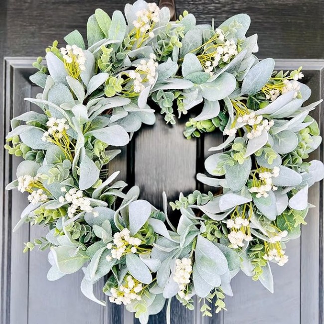 Spring to Summer Beautiful White Flowers Eucalyptus Wreath, Summer Wedding Wreath for Parties, Front Door, Birthday, Wedding, Staircase, Home, Wall, Window, Gift(20 inches)