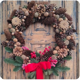 Red Velvet Bow Natural Pinecone Christmas Wreath, Beautiful Farmhouse Wreath for Mantel, Staircase, Home, Wall, Window, Front Door, Gift(16 inches)