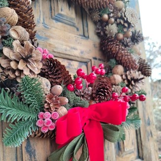Red Velvet Bow Natural Pinecone Christmas Wreath, Beautiful Farmhouse Wreath for Mantel, Staircase, Home, Wall, Window, Front Door, Gift(16 inches)