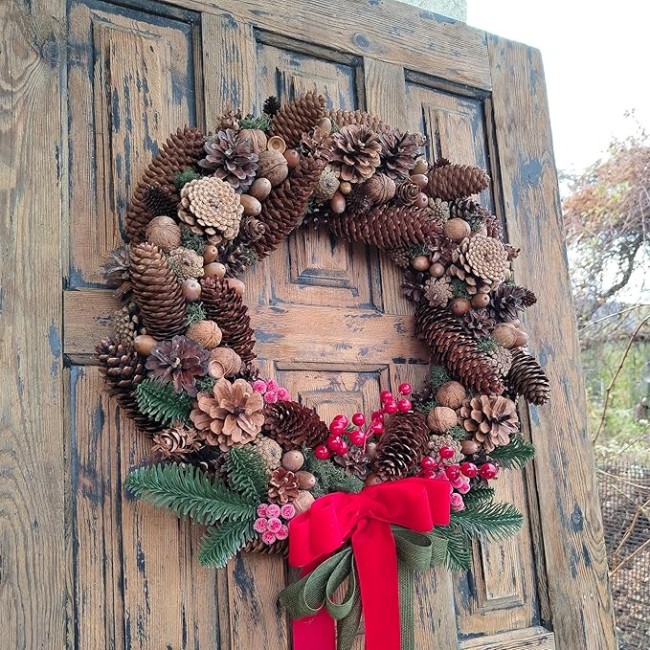 Red Velvet Bow Natural Pinecone Christmas Wreath, Beautiful Farmhouse Wreath for Mantel, Staircase, Home, Wall, Window, Front Door, Gift(16 inches)