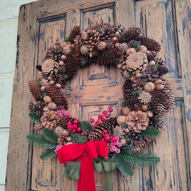 Red Velvet Bow Natural Pinecone Christmas Wreath, Beautiful Farmhouse Wreath for Mantel, Staircase, Home, Wall, Window, Front Door, Gift(16 inches)