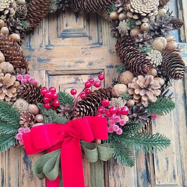Red Velvet Bow Natural Pinecone Christmas Wreath, Beautiful Farmhouse Wreath for Mantel, Staircase, Home, Wall, Window, Front Door, Gift(16 inches)