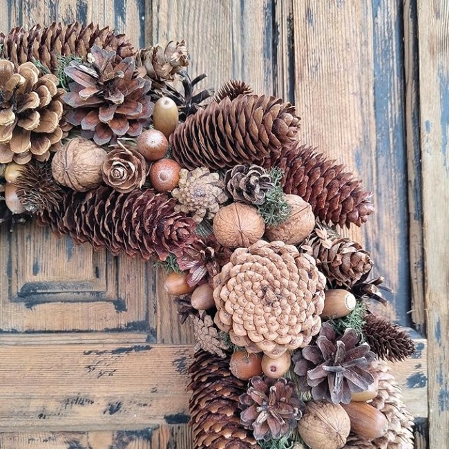 Red Velvet Bow Natural Pinecone Christmas Wreath, Beautiful Farmhouse Wreath for Mantel, Staircase, Home, Wall, Window, Front Door, Gift(16 inches)
