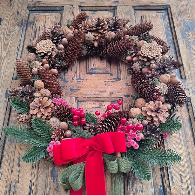 Red Velvet Bow Natural Pinecone Christmas Wreath, Beautiful Farmhouse Wreath for Mantel, Staircase, Home, Wall, Window, Front Door, Gift(16 inches)