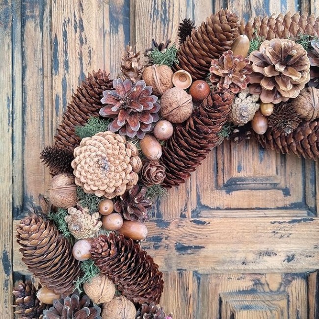Red Velvet Bow Natural Pinecone Christmas Wreath, Beautiful Farmhouse Wreath for Mantel, Staircase, Home, Wall, Window, Front Door, Gift(16 inches)