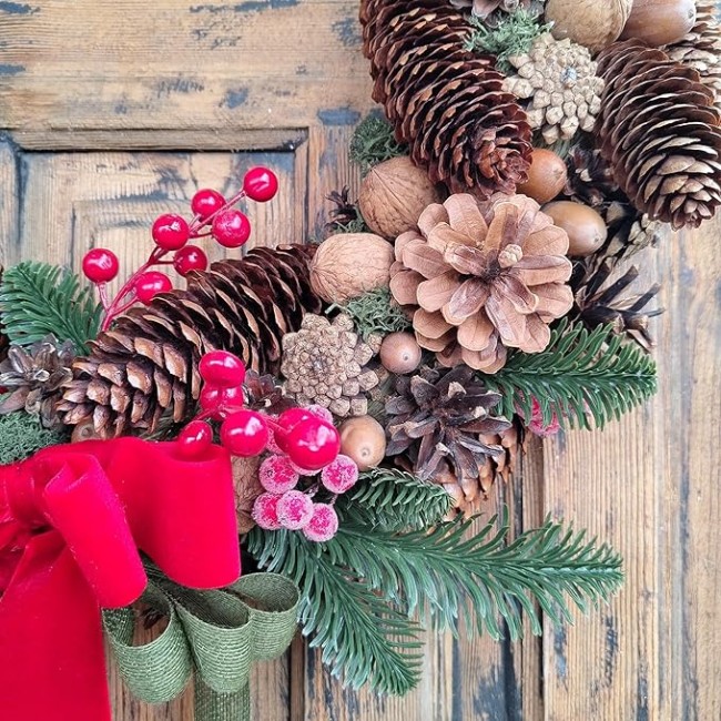 Red Velvet Bow Natural Pinecone Christmas Wreath, Beautiful Farmhouse Wreath for Mantel, Staircase, Home, Wall, Window, Front Door, Gift(16 inches)