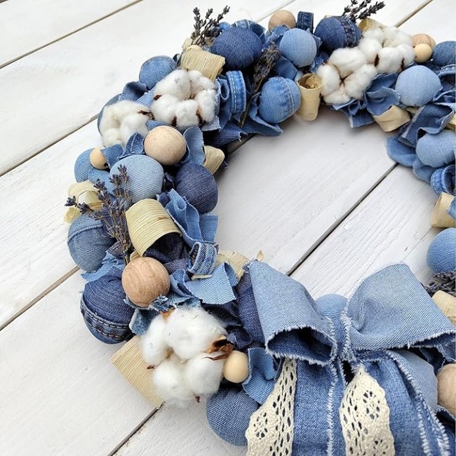 Blue and White Wreath, Beautiful Farmhouse Wreath for Mantel, Staircase, Home, Wall, Window, Front Door, Gift(16 inches)