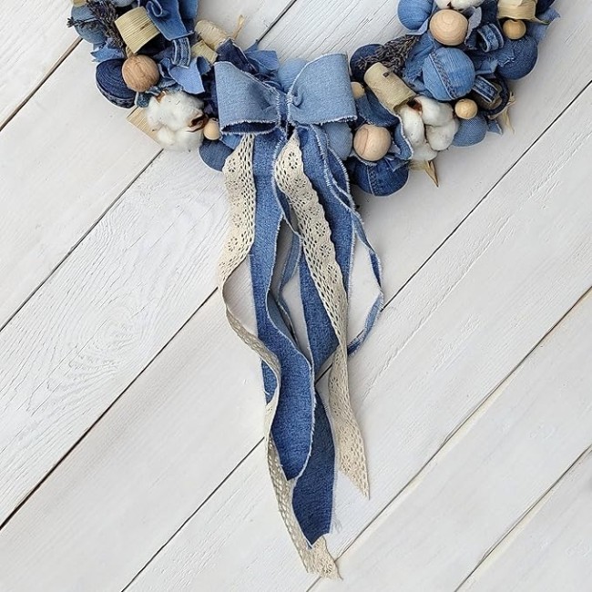 Blue and White Wreath, Beautiful Farmhouse Wreath for Mantel, Staircase, Home, Wall, Window, Front Door, Gift(16 inches)