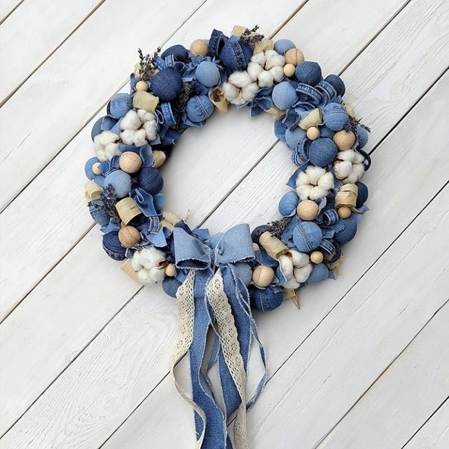 Blue and White Wreath, Beautiful Farmhouse Wreath for Mantel, Staircase, Home, Wall, Window, Front Door, Gift(16 inches)