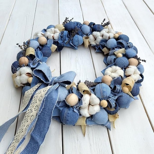 Blue and White Wreath, Beautiful Farmhouse Wreath for Mantel, Staircase, Home, Wall, Window, Front Door, Gift(16 inches)
